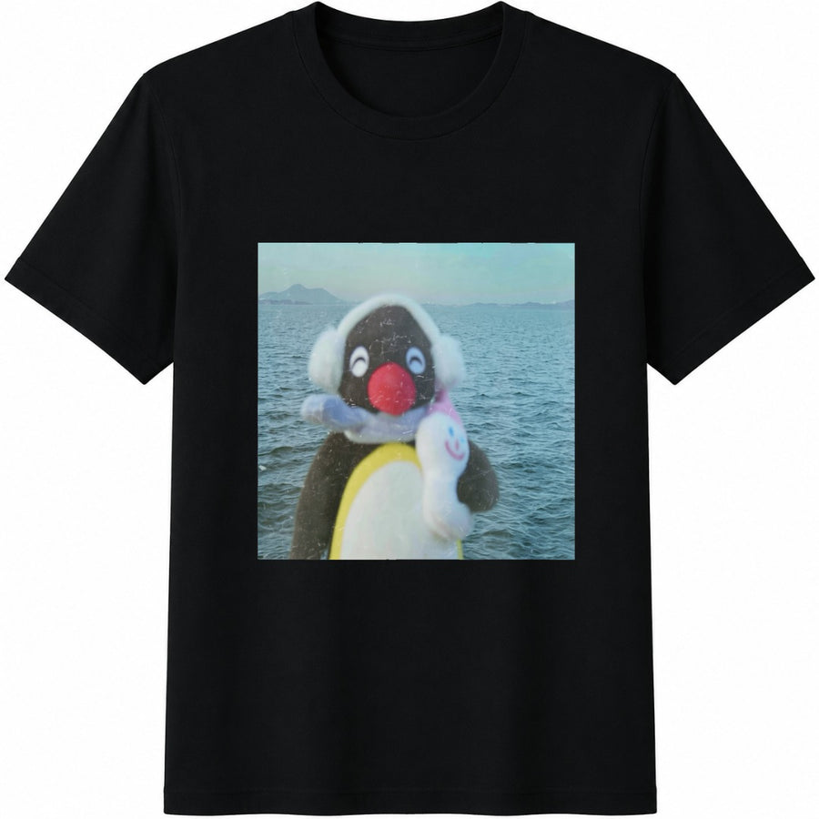 Pingu Penguin at the Beach Cotton T-Shirt in Black