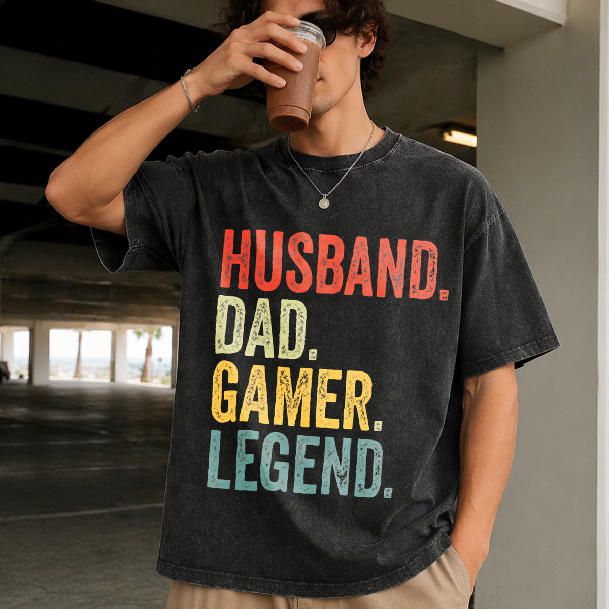 Gamer Dad Legend Husband Father's Day Vintage Washed T-Shirt in Black