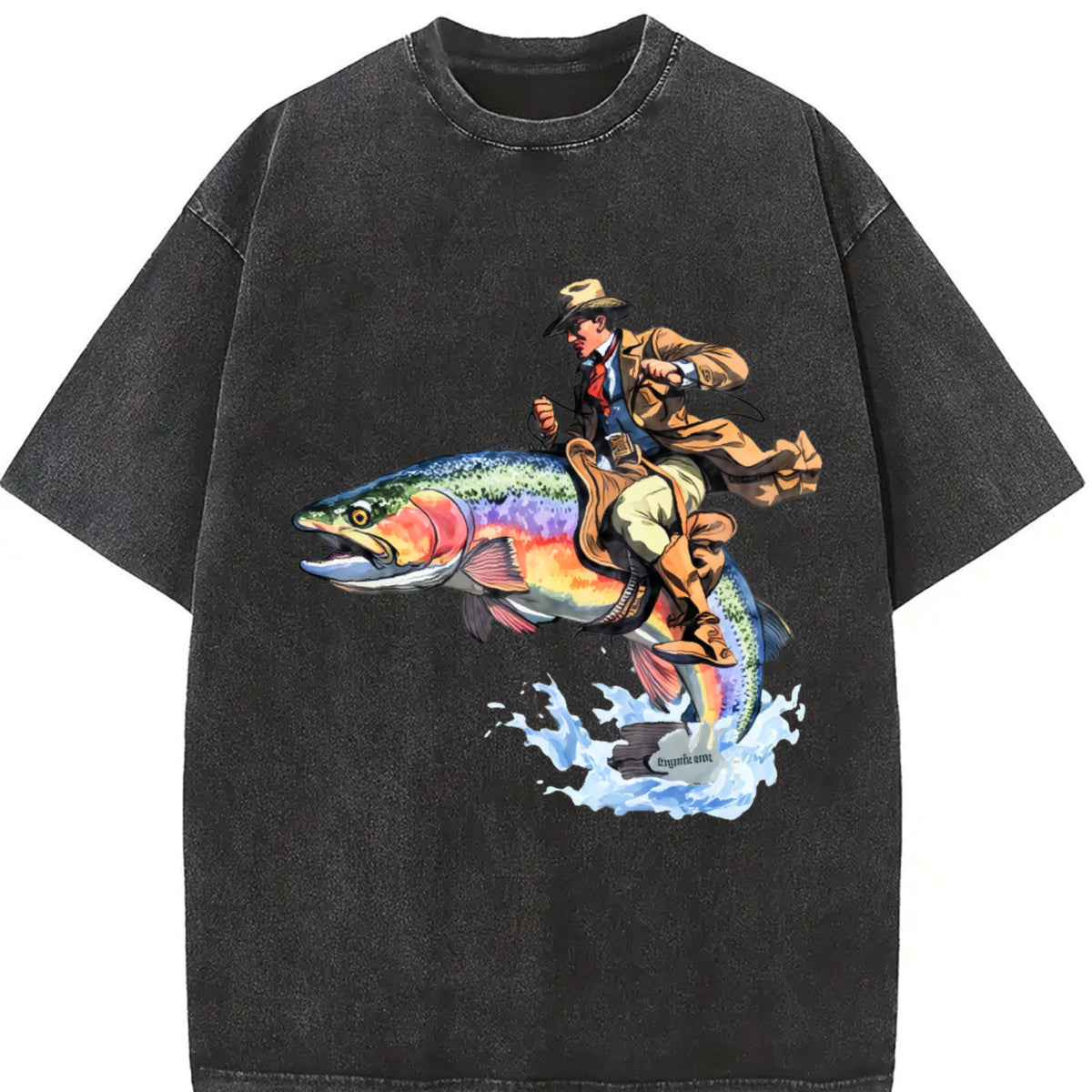 Cowboy Riding Trout Western Fishing Retro Vintage Washed T-Shirt in Black