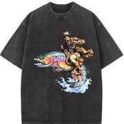 Cowboy Riding Trout Western Fishing Retro Vintage Washed T-Shirt in Black
