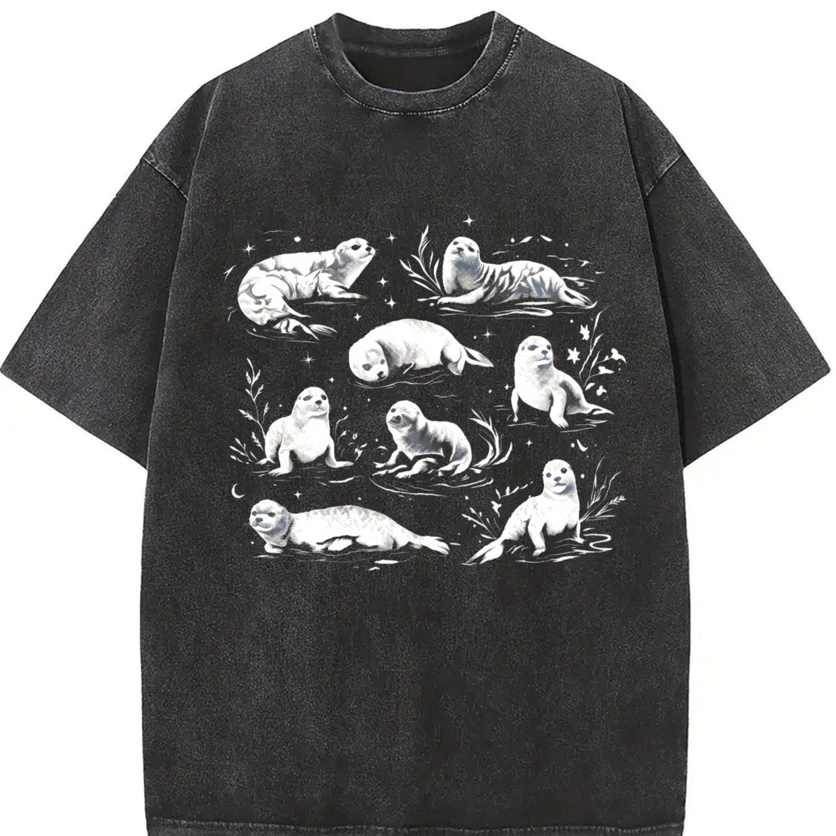 Coastal 90s Seals Ocean Animal Vintage Washed T-Shirt in Black