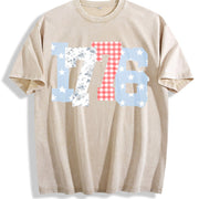 1776 Plaid Floral Star Number Vintage Washed T-Shirt in Beige
