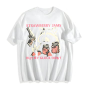 Cute Raccoon with Strawberry Jams and PewPew Protection Cotton T-Shirt in White