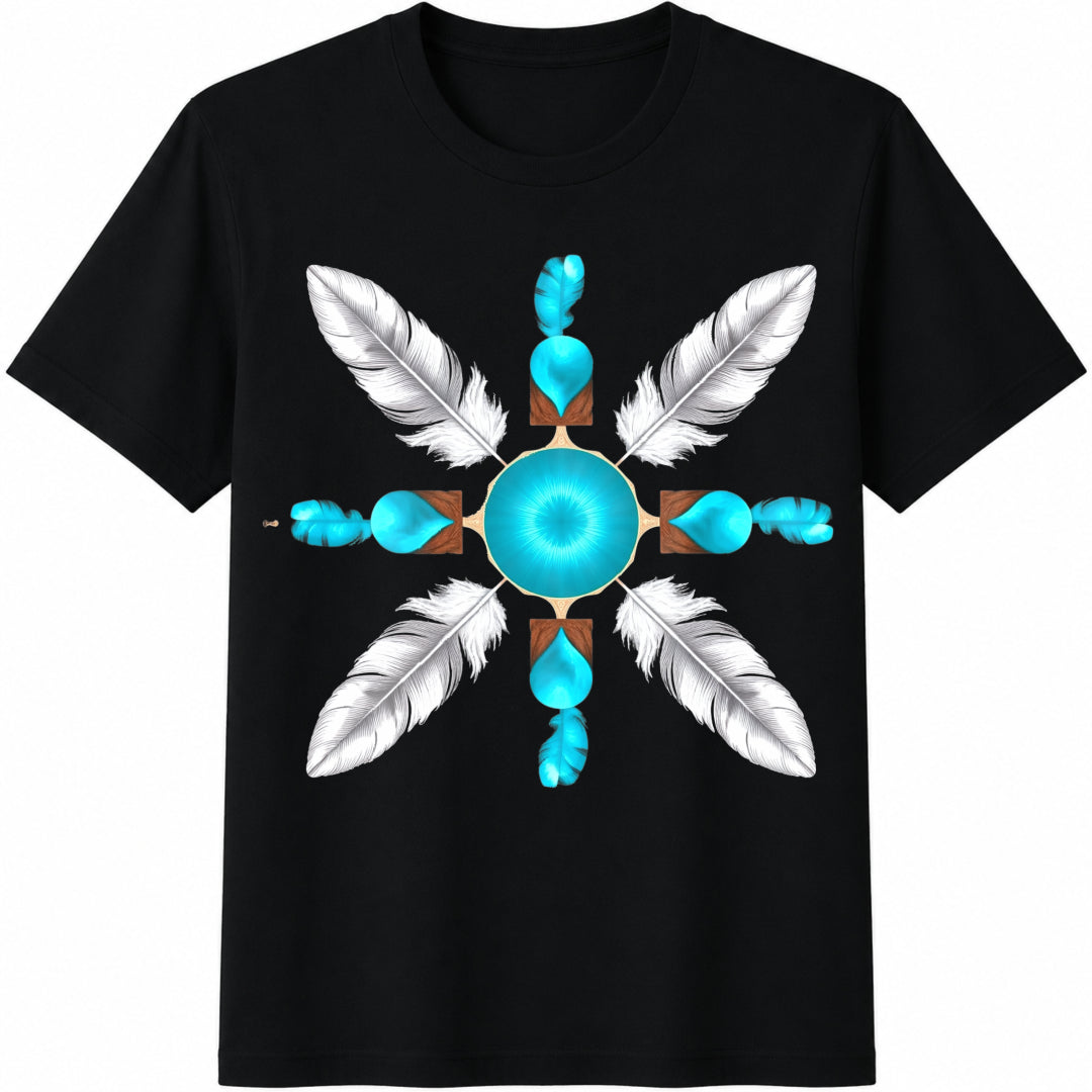 Turquoise Feather Mandala Cotton T-Shirt in Black
