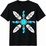 Turquoise Feather Mandala Cotton T-Shirt in Black