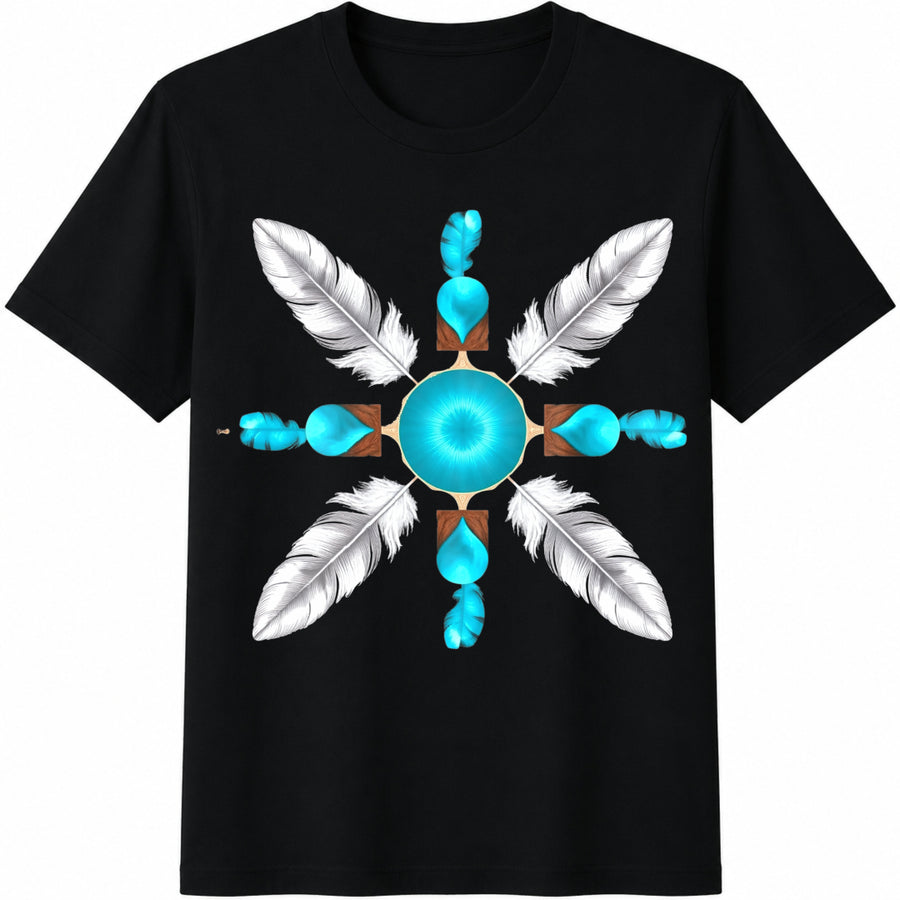 Turquoise Feather Mandala Cotton T-Shirt in Black