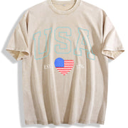 Embroidered USA Flag Vintage Washed T-Shirt in Beige