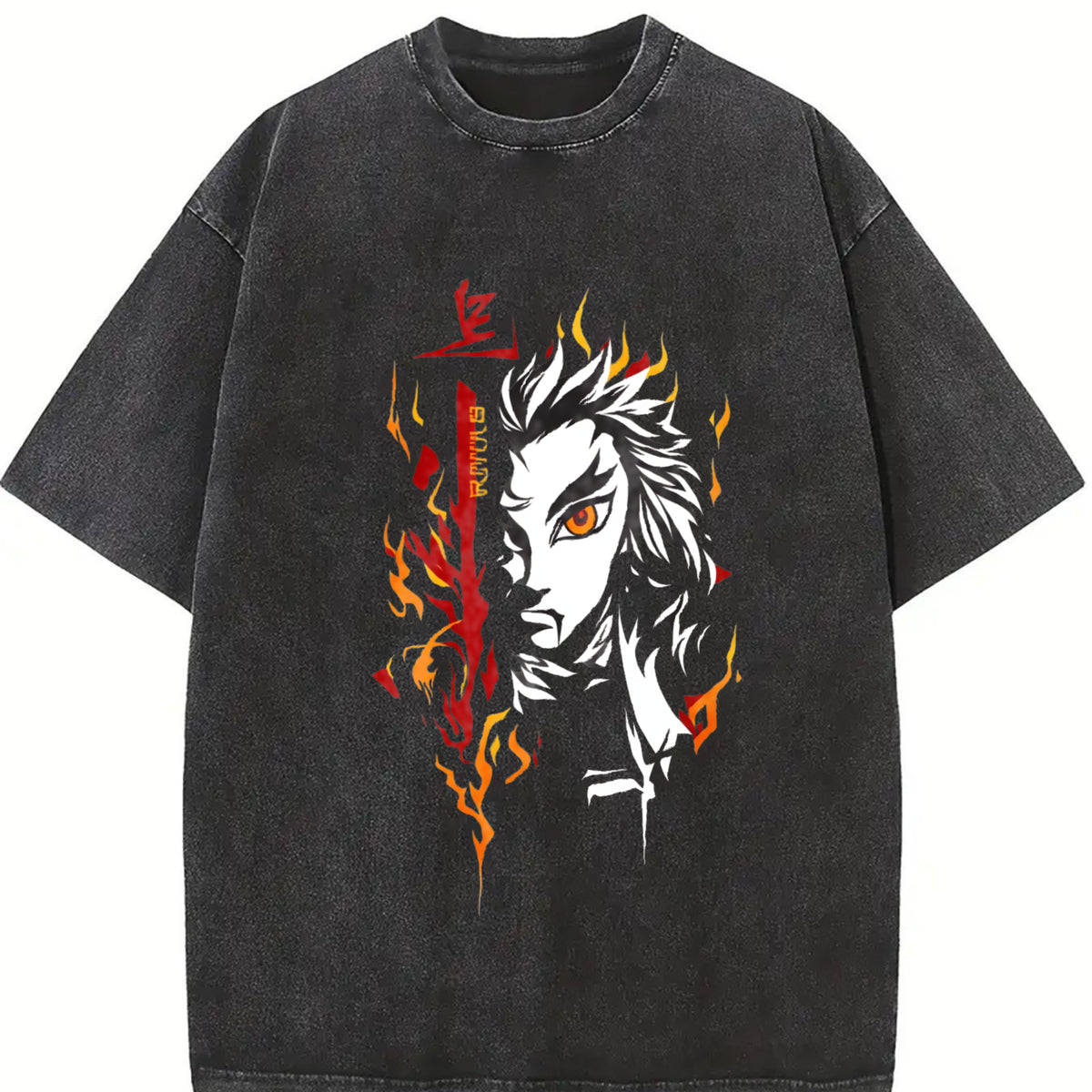 Demon Slayer Kyojuro Rengoku Anime Vintage Washed T-Shirt in Black