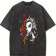 Demon Slayer Kyojuro Rengoku Anime Vintage Washed T-Shirt in Black