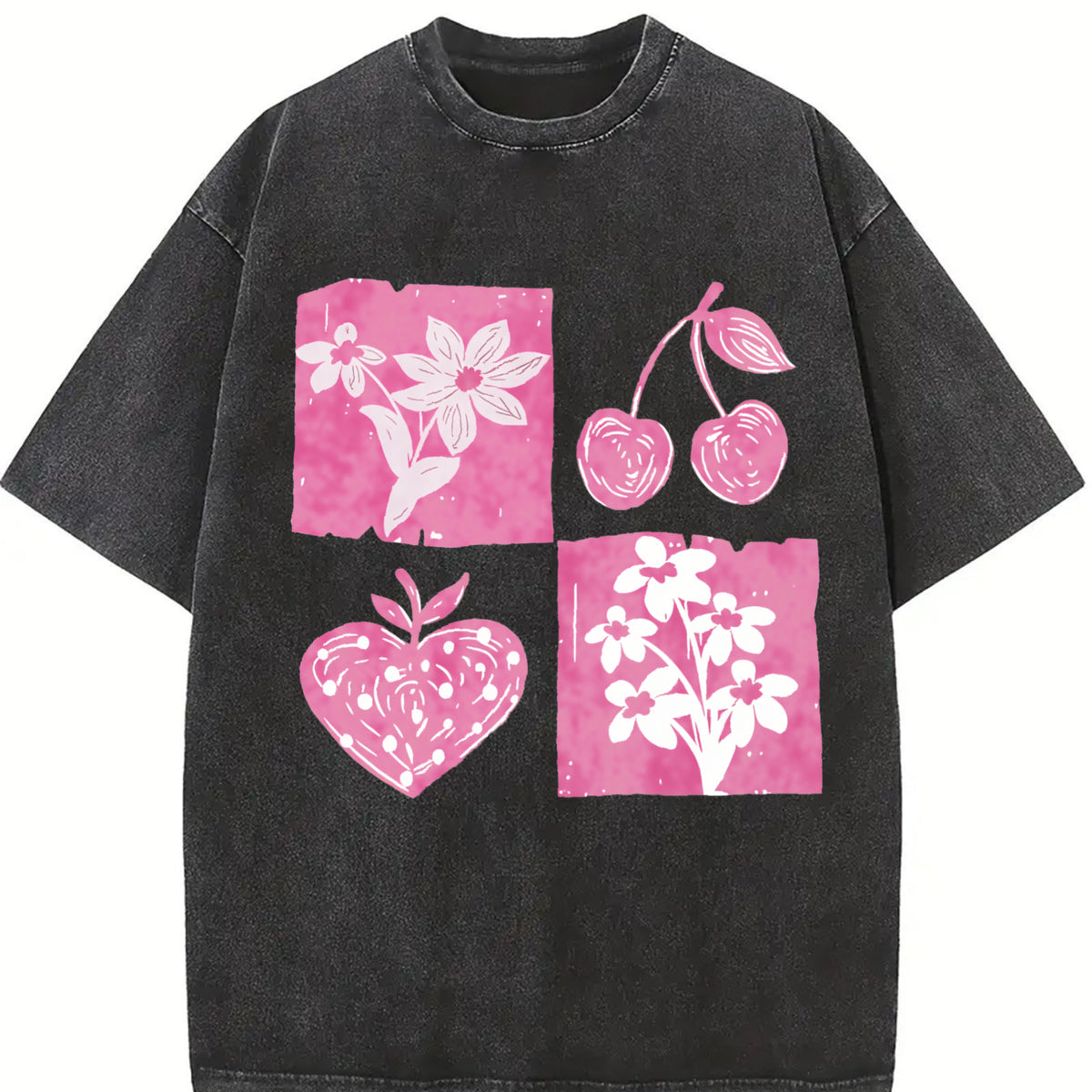 Pink Cherry and Fruit Vintage Washed T-Shirt in Black