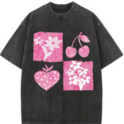 Pink Cherry and Fruit Vintage Washed T-Shirt in Black