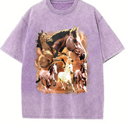 Wild Horses Retro Western Cowboy Vintage Washed T-Shirt in Purple