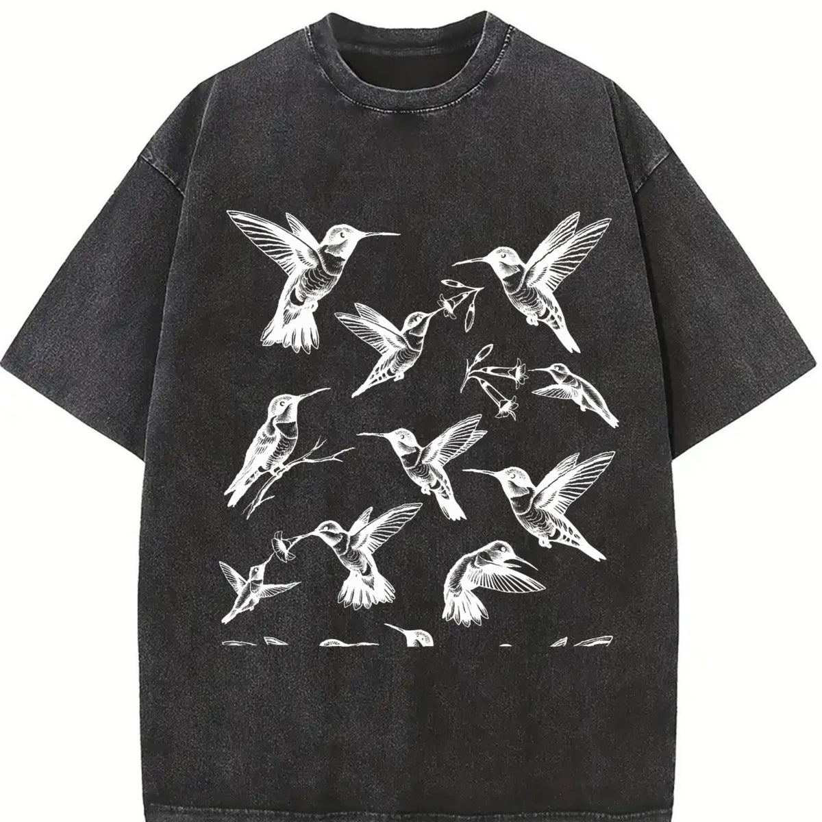 Hummingbird 90s Tattoo Vintage Washed T-Shirt in Black
