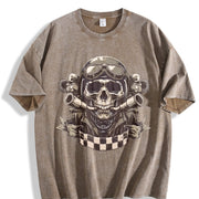 Motorcycle Skull Helmet Sleeveless Tank Vintage Washed T-Shirt in Brown