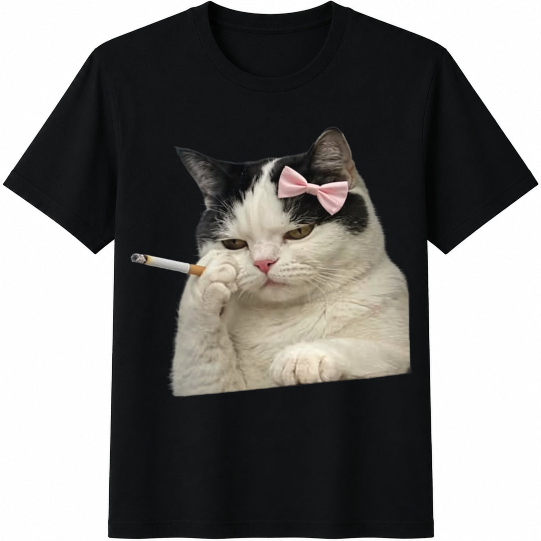 Smoking Cat Cute Bow Cat Meme Cotton T-Shirt in Black