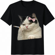 Smoking Cat Cute Bow Cat Meme Cotton T-Shirt in Black