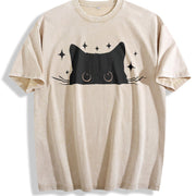 Cute Cat Black Cat Vintage Washed T-Shirt in Beige