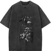 Floral Birds vintage washed oversized T-shirt in Black