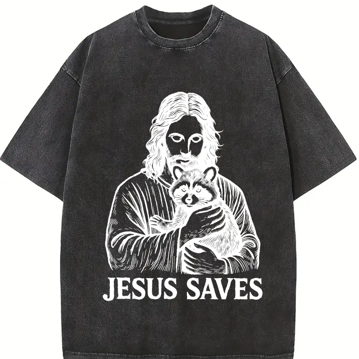 Retro Religious Jesus Hugs Raccoon Christ Vintage Washed T-Shirt in Black