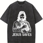 Retro Religious Jesus Hugs Raccoon Christ Vintage Washed T-Shirt in Black