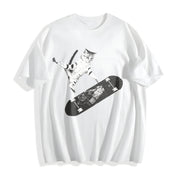 Skateboarding Cat Y2k Cat Cotton T-Shirt in White