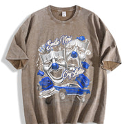 Short-sleeve Blue Smile Now Cry Later Silk Screen Vintage Washed T-Shirt in Brown