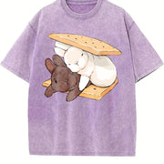 Two Rabbits Lying Blouse for & Vintage Washed T-Shirt in Purple