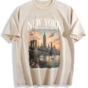 New York City NYC Travel Souvenir Urban Skyline Vintage Washed T-Shirt in Beige