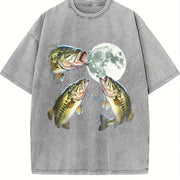 Bass Fish Howling at Moon 90s Vintage Washed T-Shirt in Gray