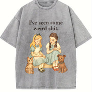 Cat Dog Retro Storybook Humor Vintage Washed T-Shirt in Gray