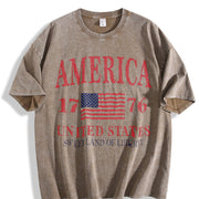 America 1776 Distressed Patriotic USA Liberty Fourth July Vintage Washed T-Shirt in Brown