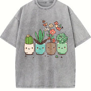 Cute Cartoon Potted Plant Vintage Washed T-Shirt in Gray