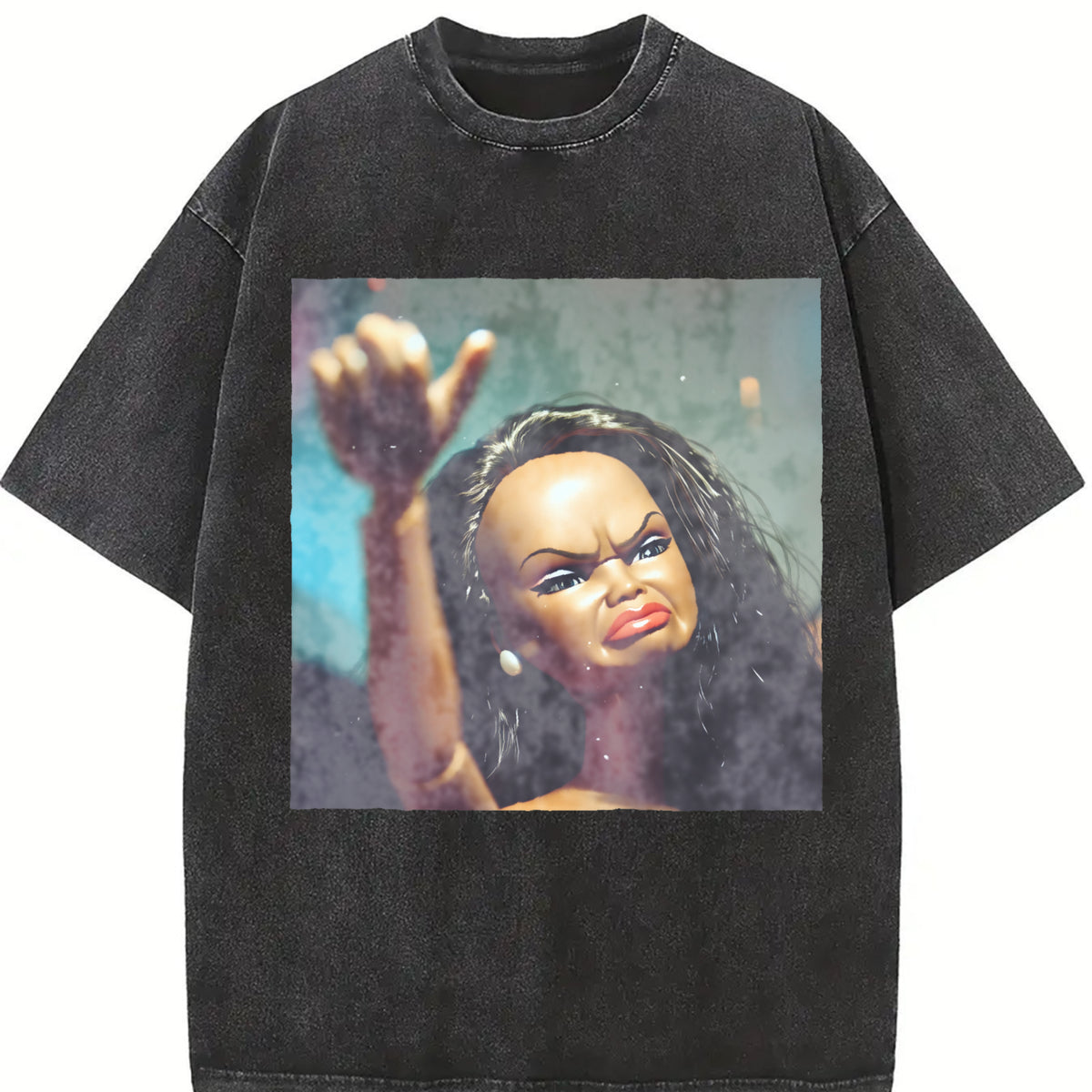 Angry Glam Doll Portrait Vintage Washed T-Shirt in Black