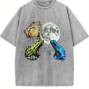 Three Frogs Retro Toads Moon Vintage Washed T-Shirt in Gray