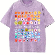Celebrate Minds of All Kinds Floral Grid Vintage Washed T-Shirt in Purple