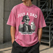 Just a Dad Who Came Back with the Milk Skeleton Fatherhood Vintage Washed T-Shirt in Red