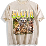 Sloth Retro Animal Lover Vintage Washed T-Shirt in Beige