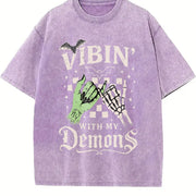 Halloween Vibin with My Demons Vintage Washed T-Shirt in Purple