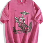 Retro Jesus Riding Dinosaur Under UFO Religious Vintage Washed T-Shirt in Red