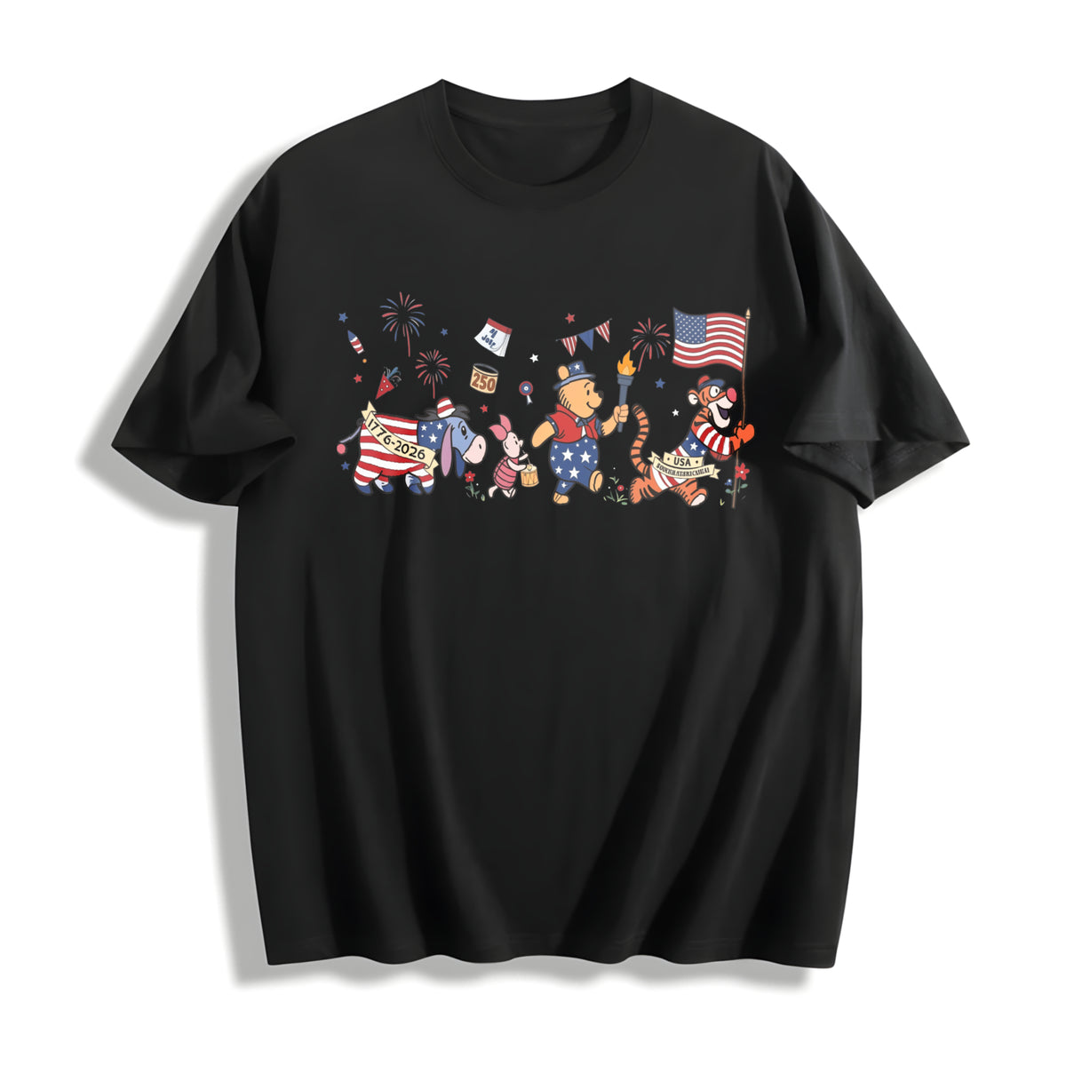Retro Winnie the Pooh and Friends America 250th Cotton T-Shirt in Black