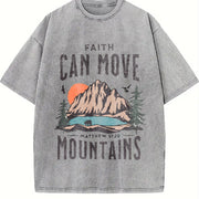 Scenery and Letter One-piece Vintage Washed T-Shirt in Gray