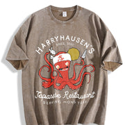 With Octopus Fashionable Vintage Washed T-Shirt in Brown