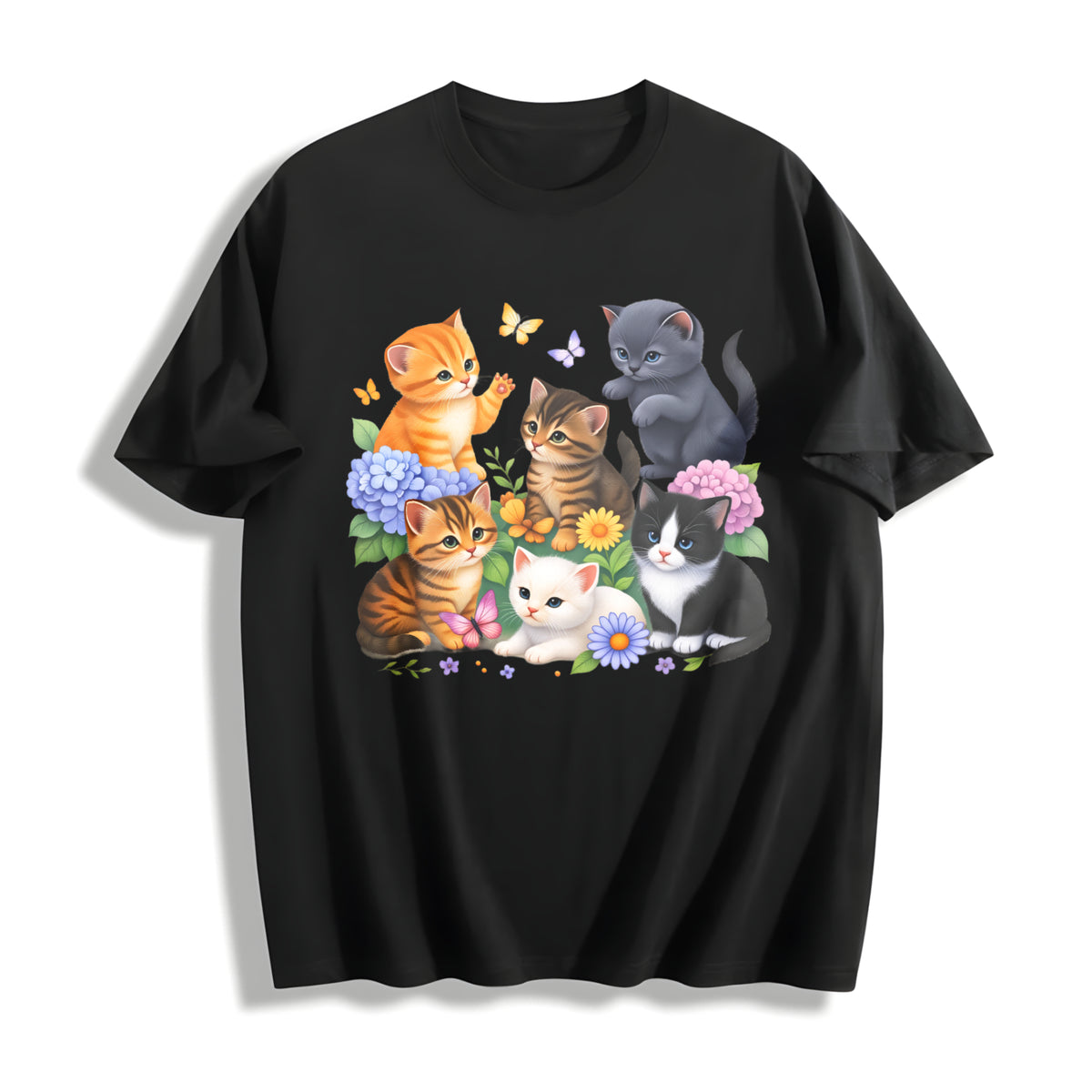 Retro Kitten 90s Cute Cats Cotton T-Shirt in Black