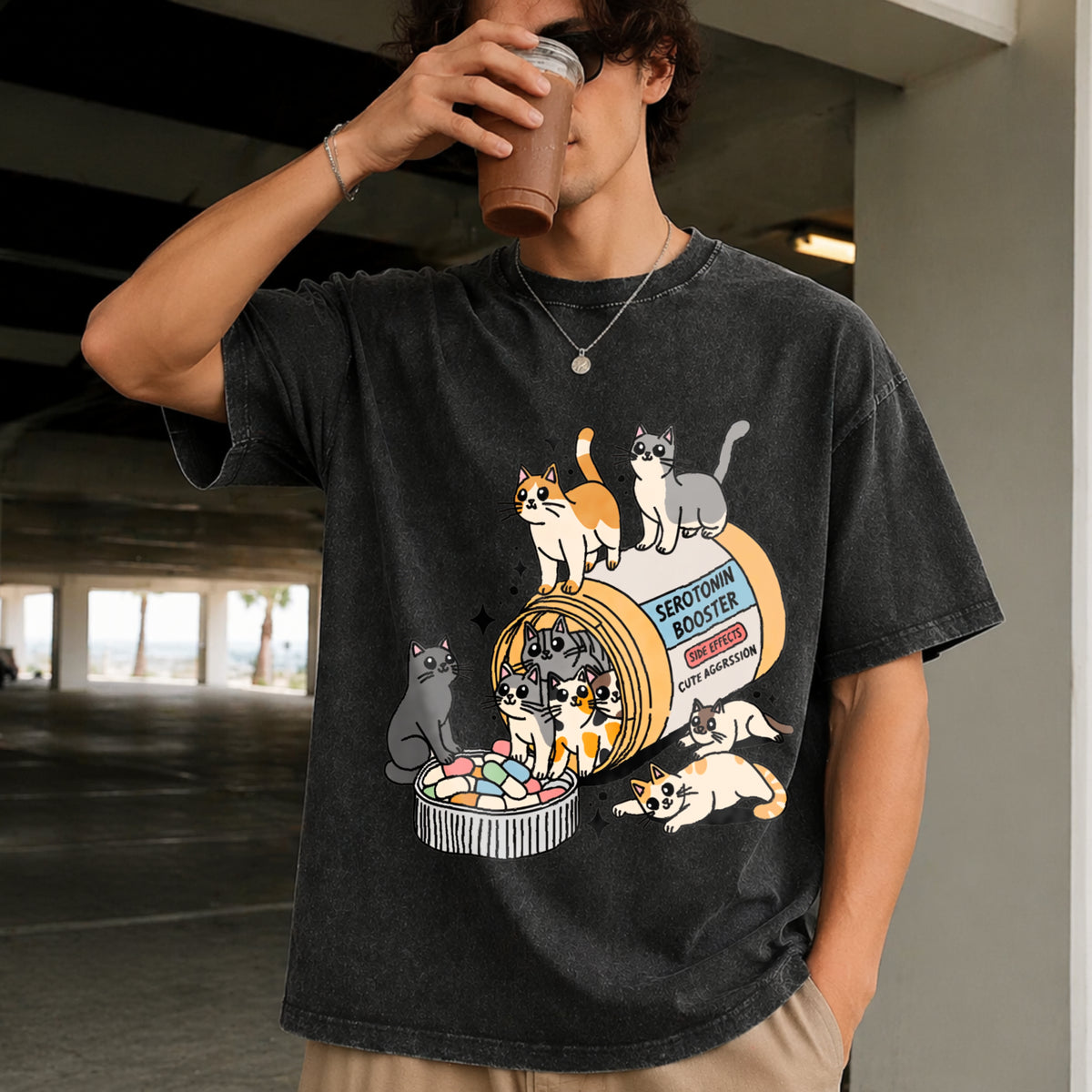 Serotonin Cats Cat Lover Vintage Washed T-Shirt in Black