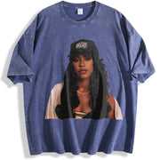 Aaliyah Bootleg Rap 90'S vintage washed oversized T-shirt in Blue