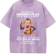 Humorous Monkey My Mind Is a Dangerous Place Slogan Party vintage washed oversized T-shirt in Purple