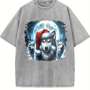 Retro Christmas Wolf Teenager Vintage Washed T-Shirt in Gray