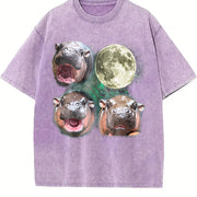 Three Moo Deng 90s Moon Vintage Washed T-Shirt in Purple