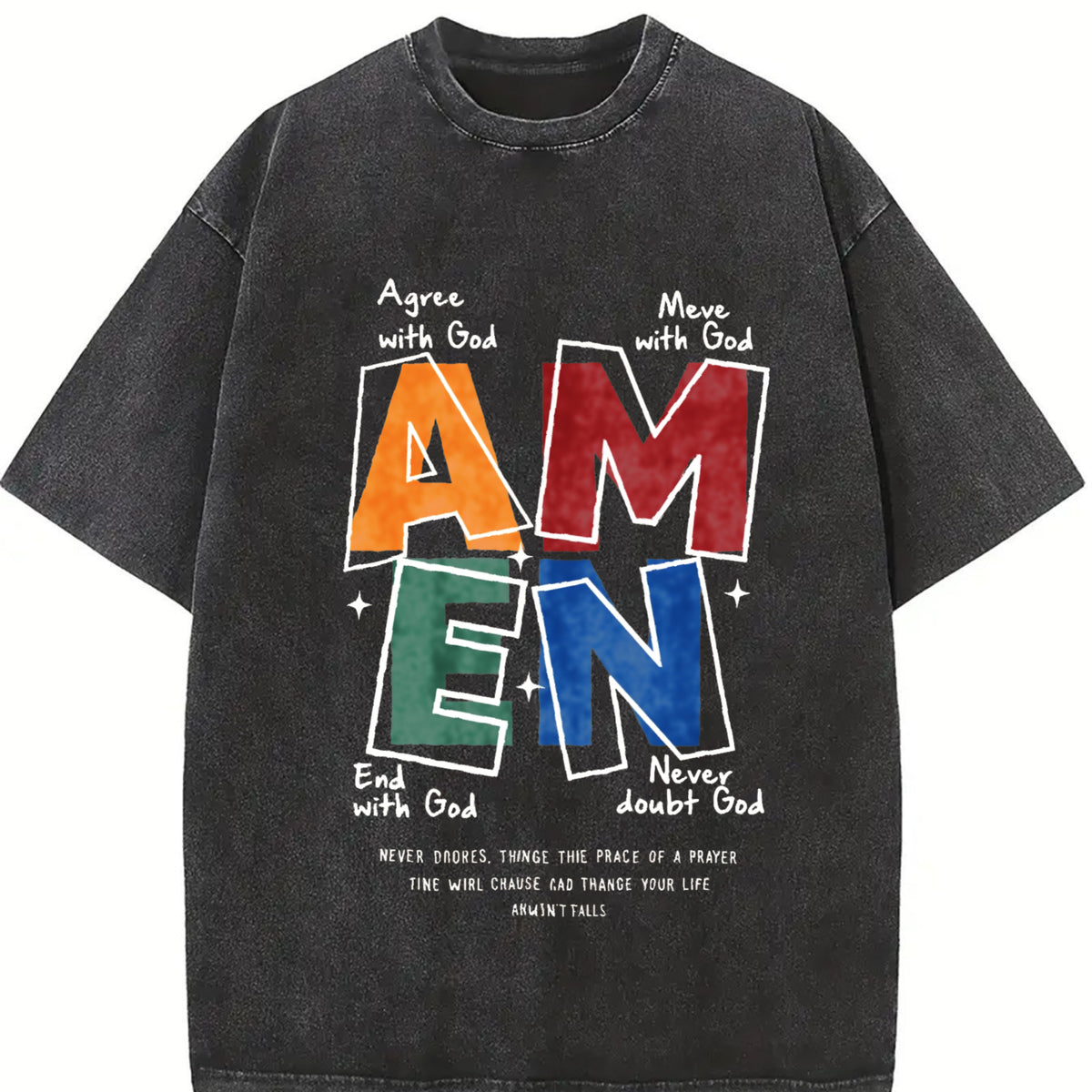 AMEN Classic Letter Header for Distressed God Bless Vintage Washed T-Shirt in Black
