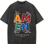 AMEN Classic Letter Header for Distressed God Bless Vintage Washed T-Shirt in Black